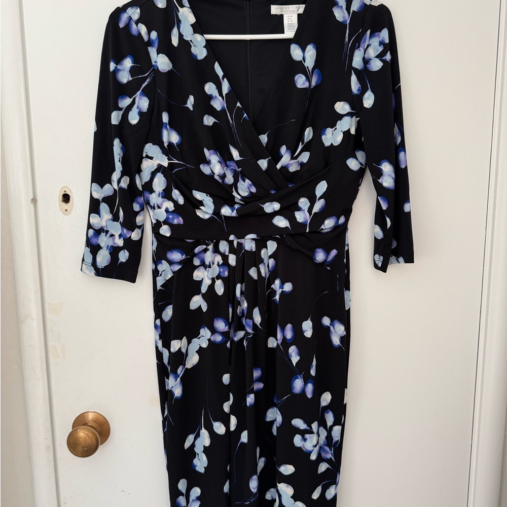 London Times Black and Blue Floral Long Sleeve Dress
